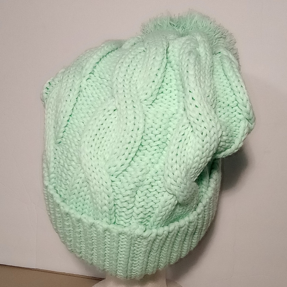 Winter Leather Patch "Lotus Ink" Chunky Cable Twist Cuff & Pom Knit Mint Beanie - Picture 5 of 7